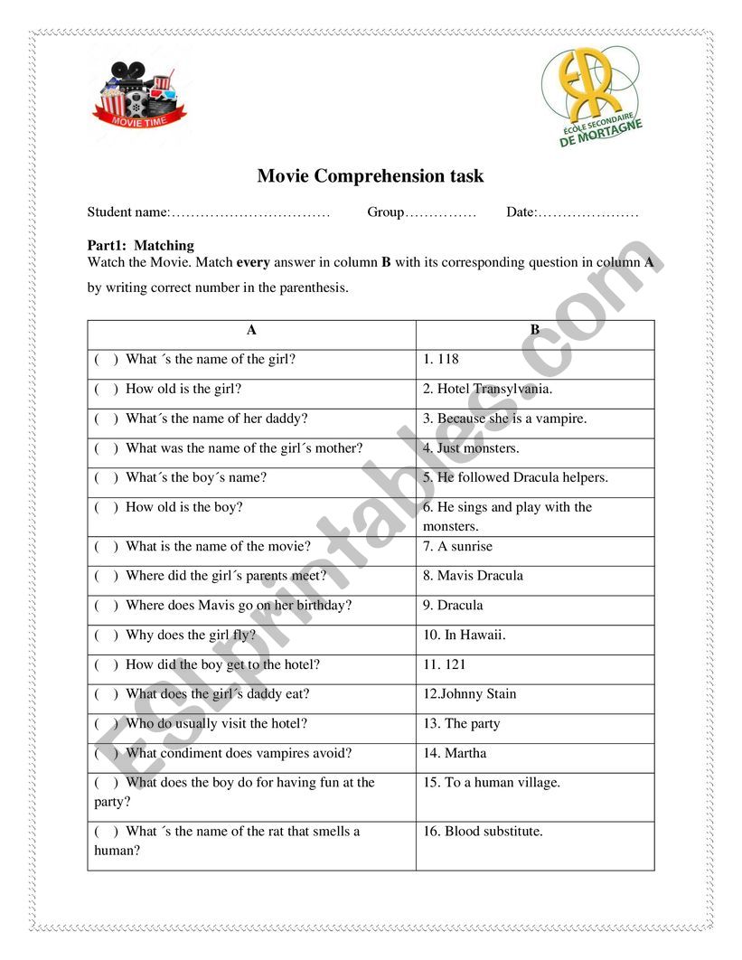 hotel transylvania 1 worksheet