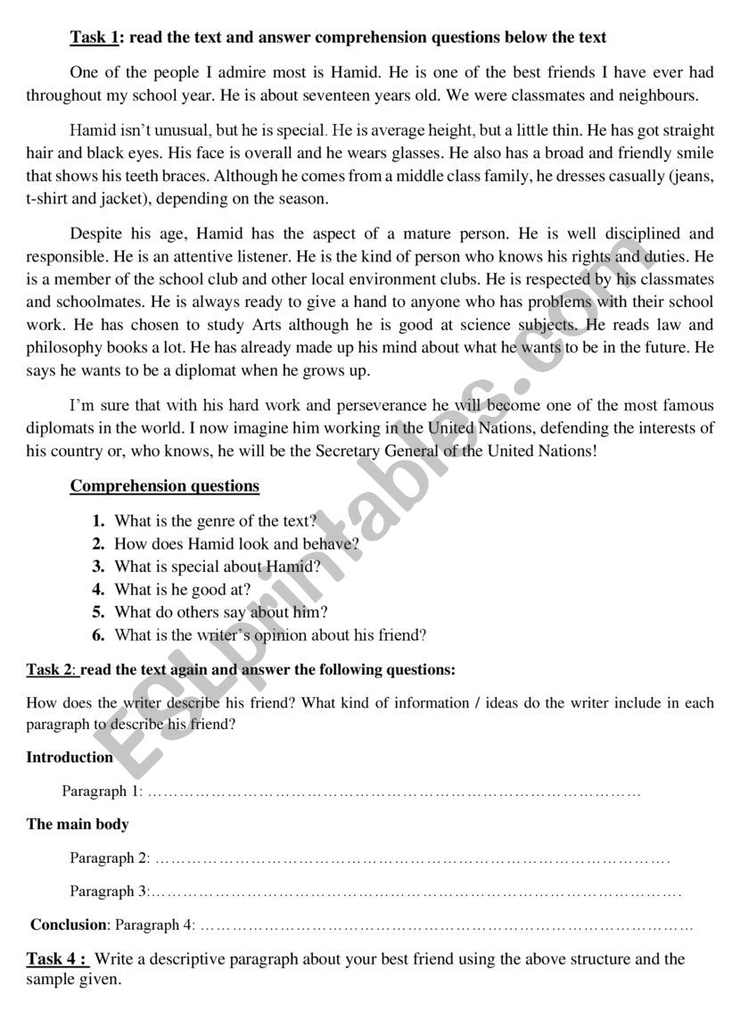 Descriptive Paragraph worksheet