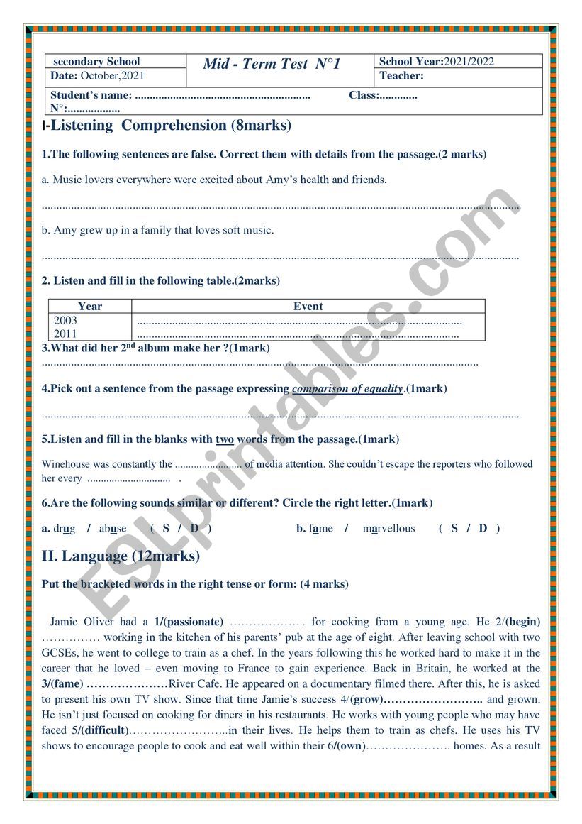 mid term test 1 first form worksheet