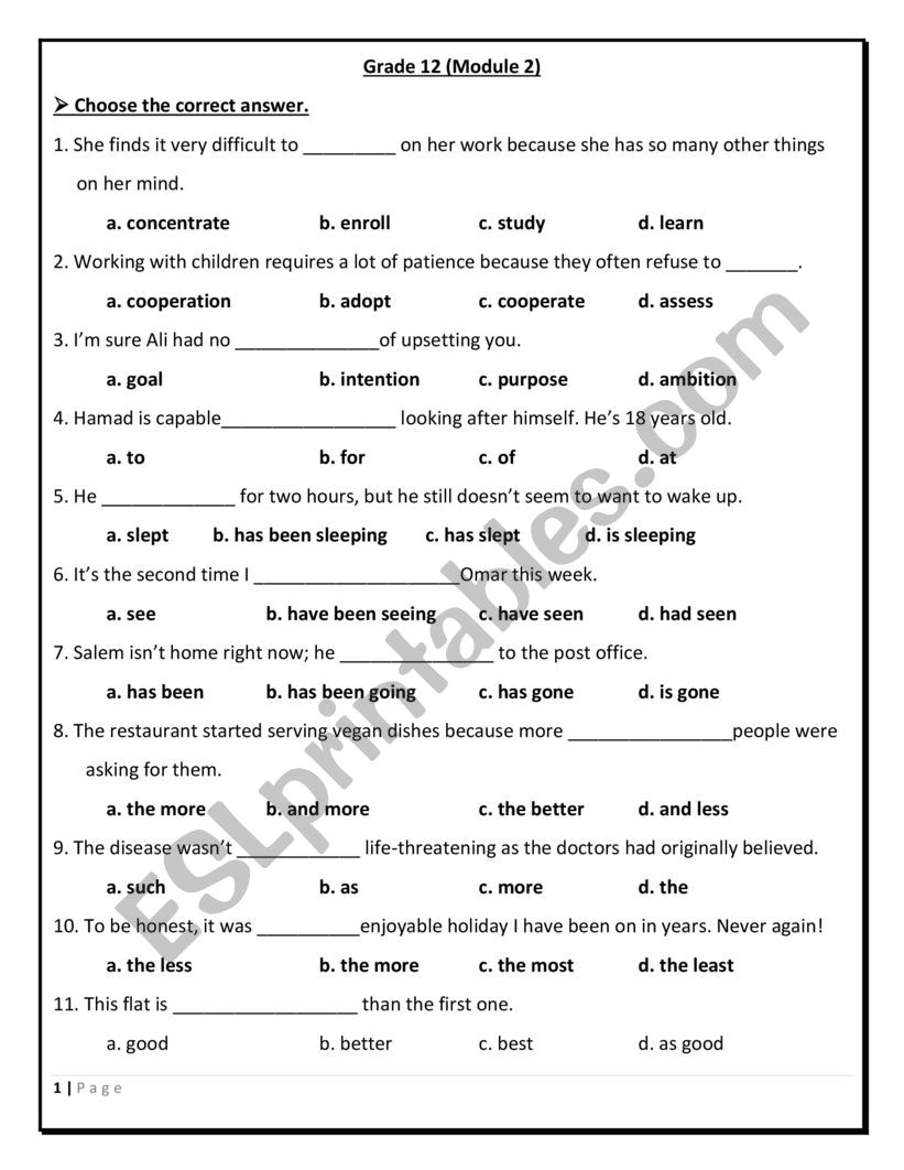 exam worksheet