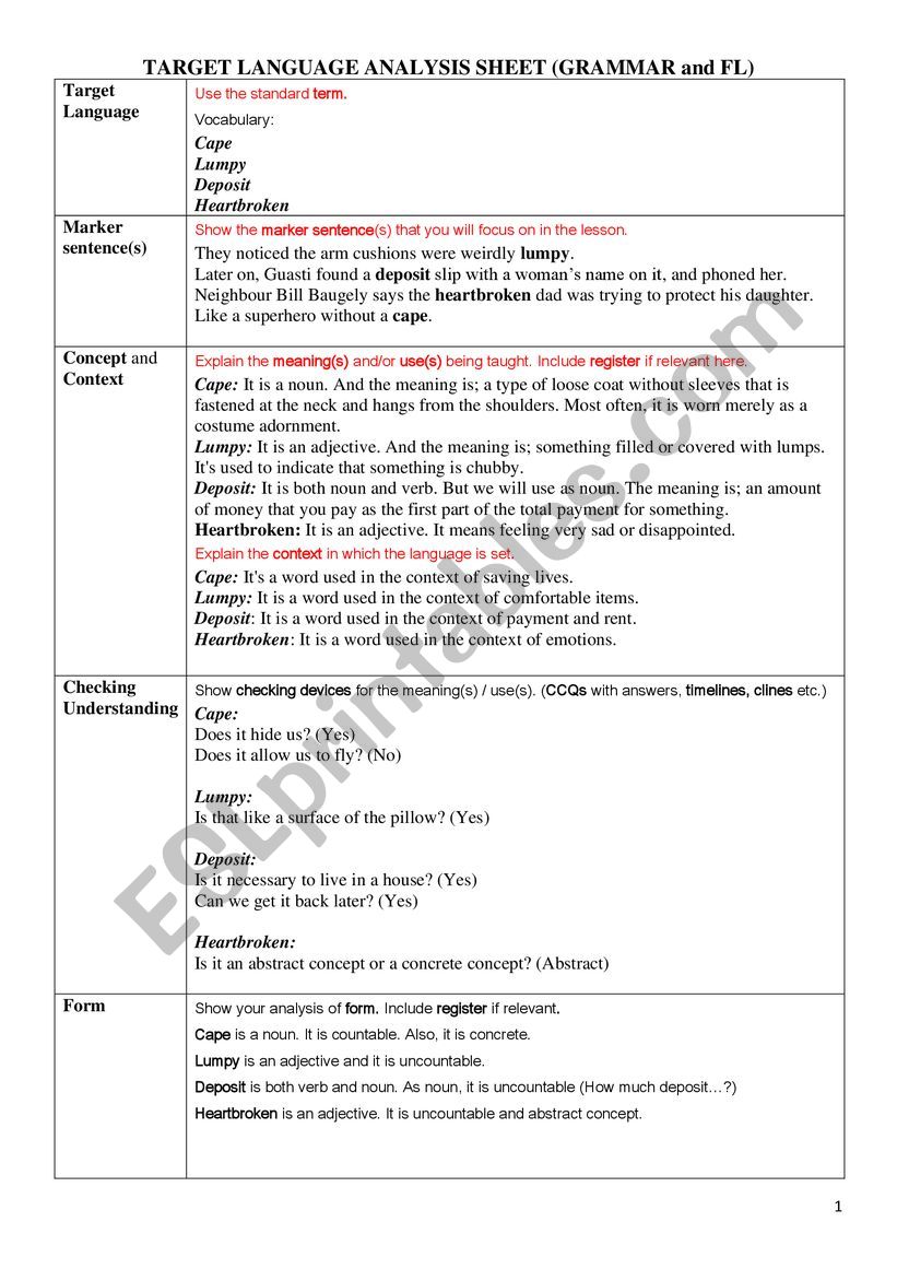 Language Analysis Sheet worksheet