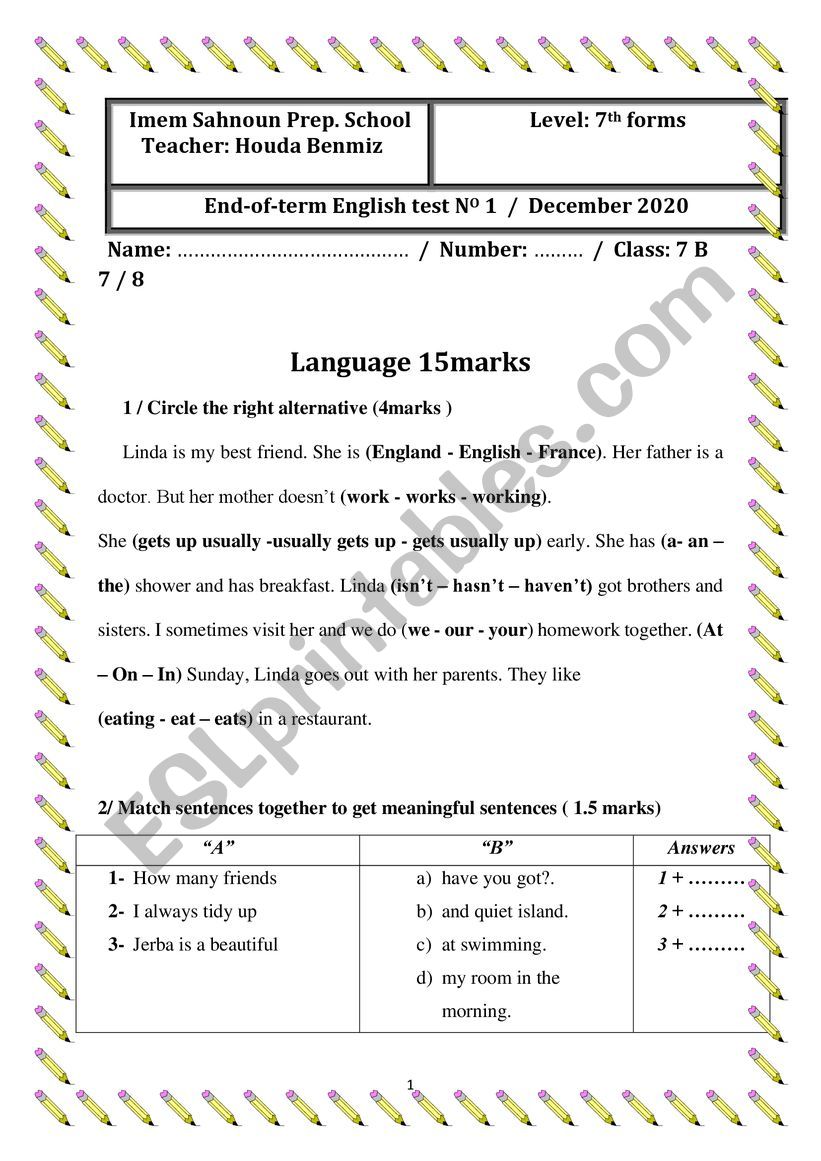 full- term test 1 7th worksheet