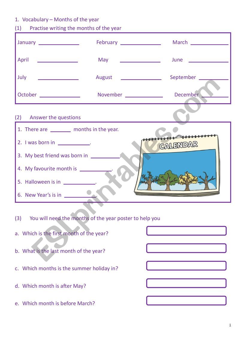 Months of a year worksheet