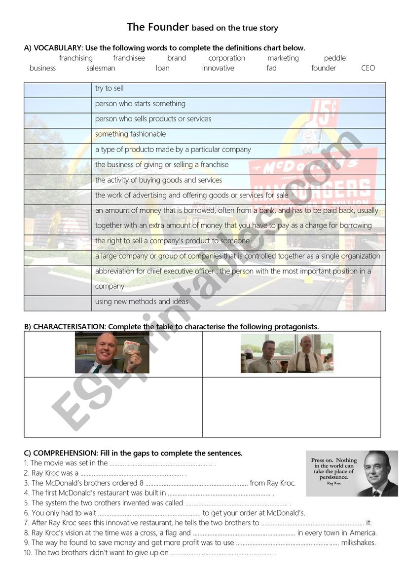 The Founder movie McDonald s ESL Worksheet By ESL SK