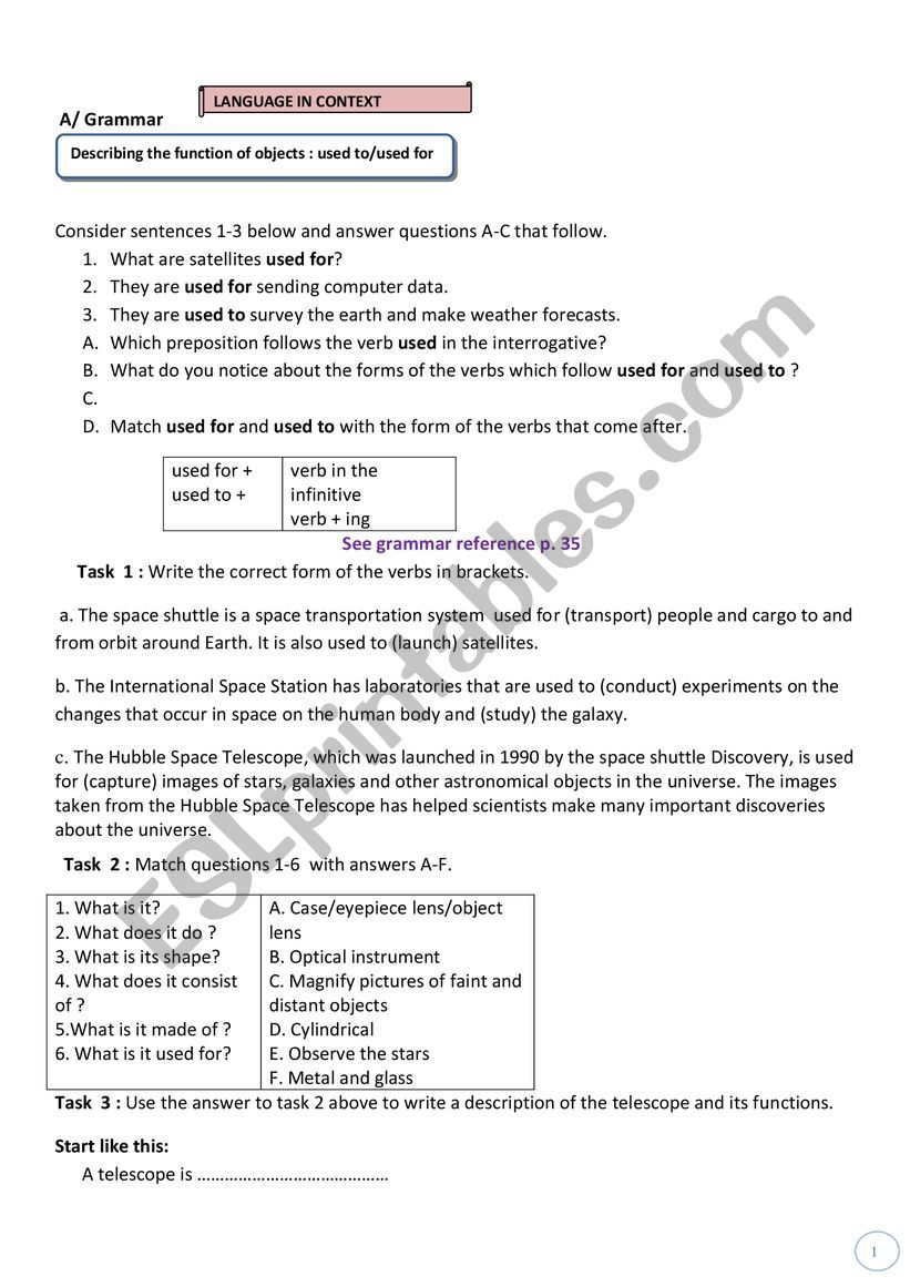 used to / used for worksheet