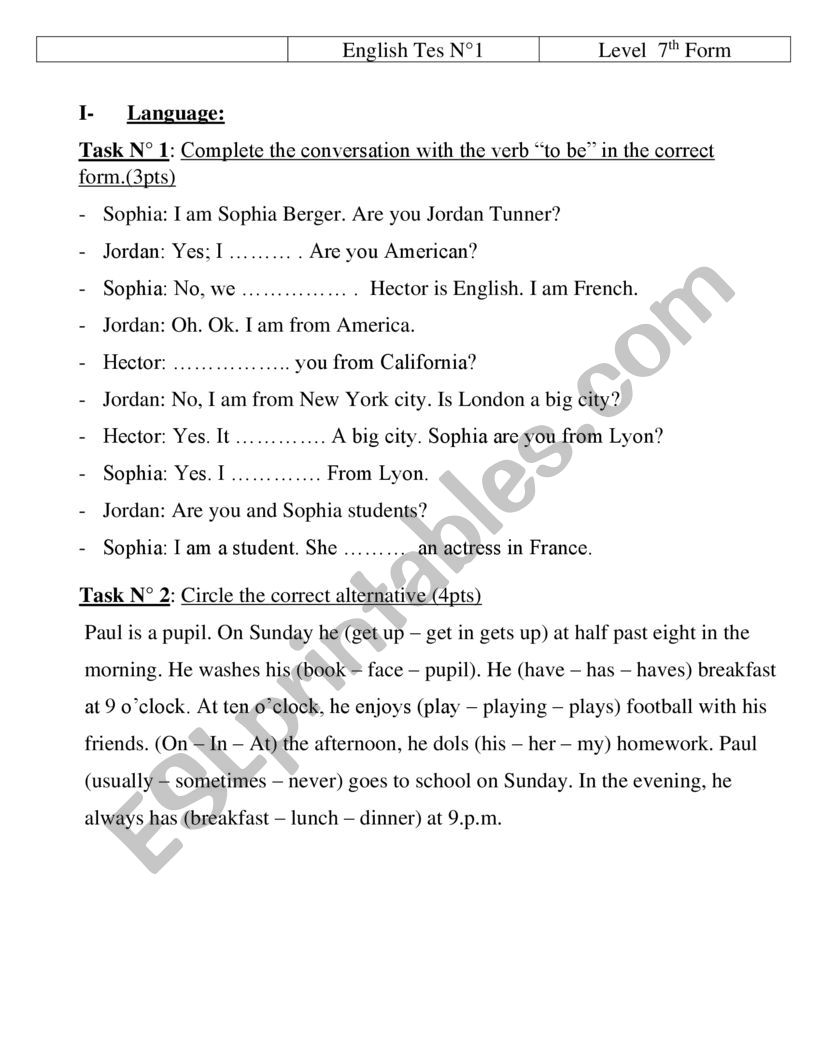 english test worksheet