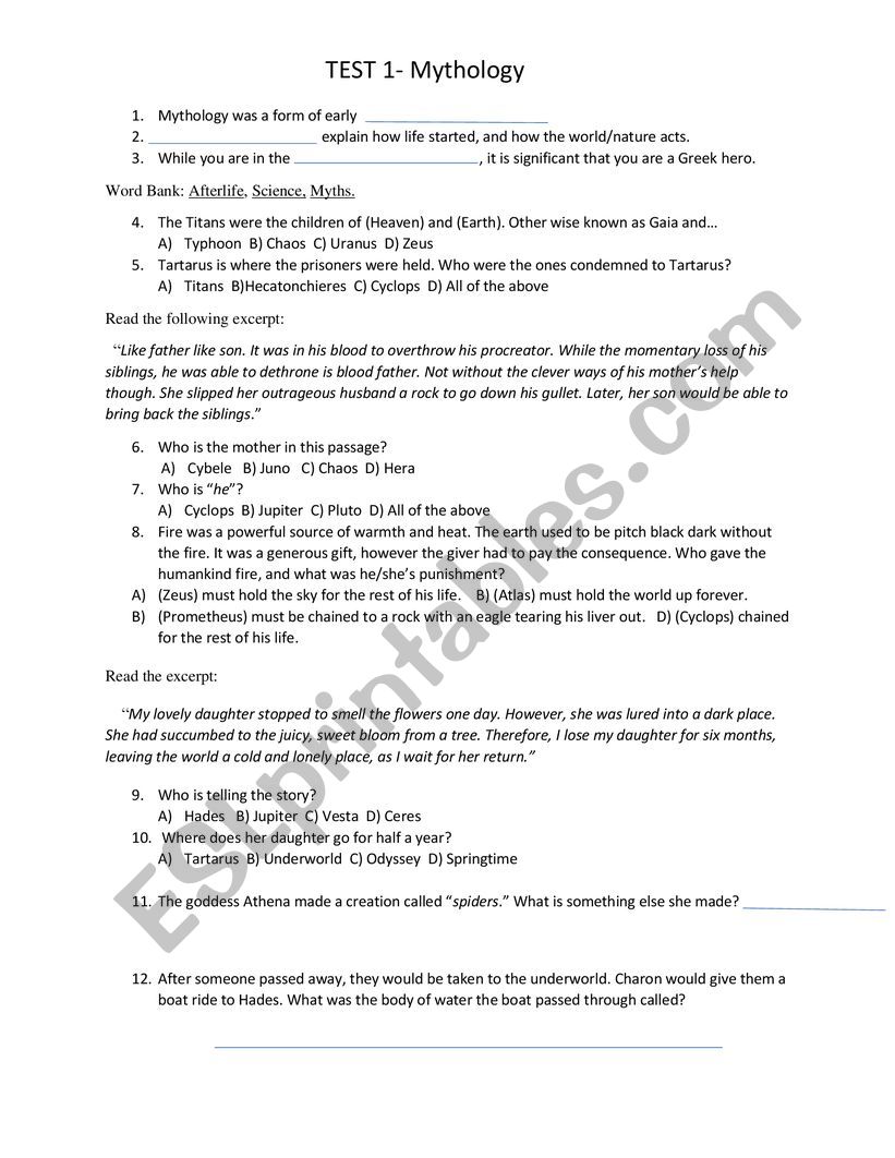 Mythology Test (Beginning of the Gods/Titans) 