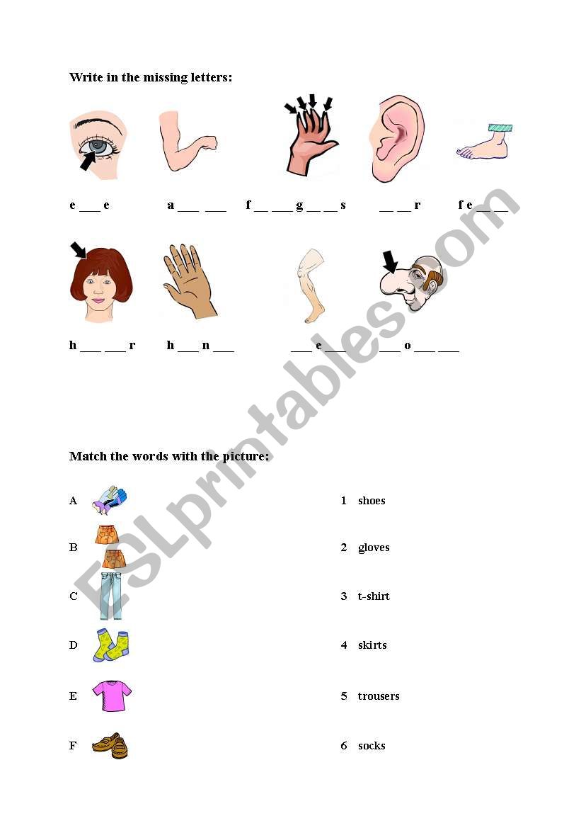 Bodyparts and clothes worksheet