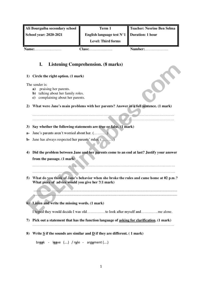 Mid- term test N1  worksheet