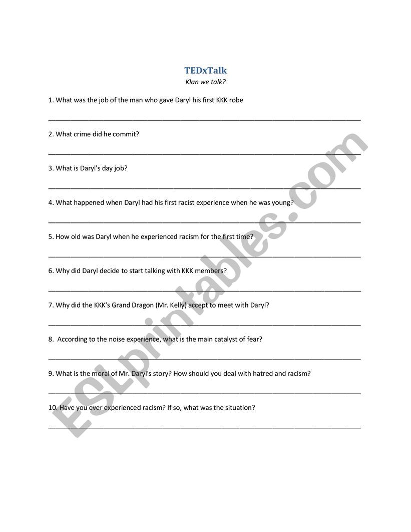 TED Talks - Klan We Talk? Handout - ESL worksheet by MrMaxESL