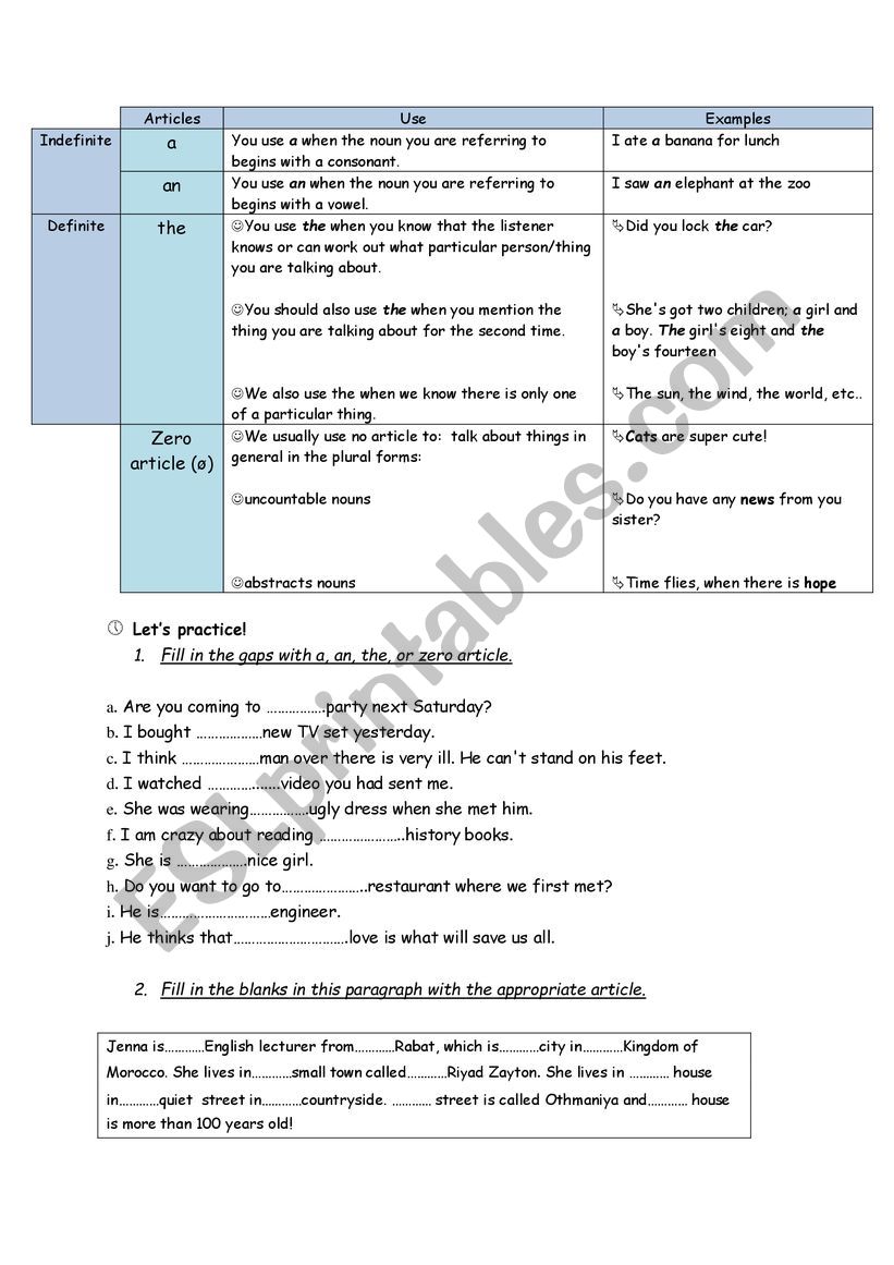 articles worksheet worksheet