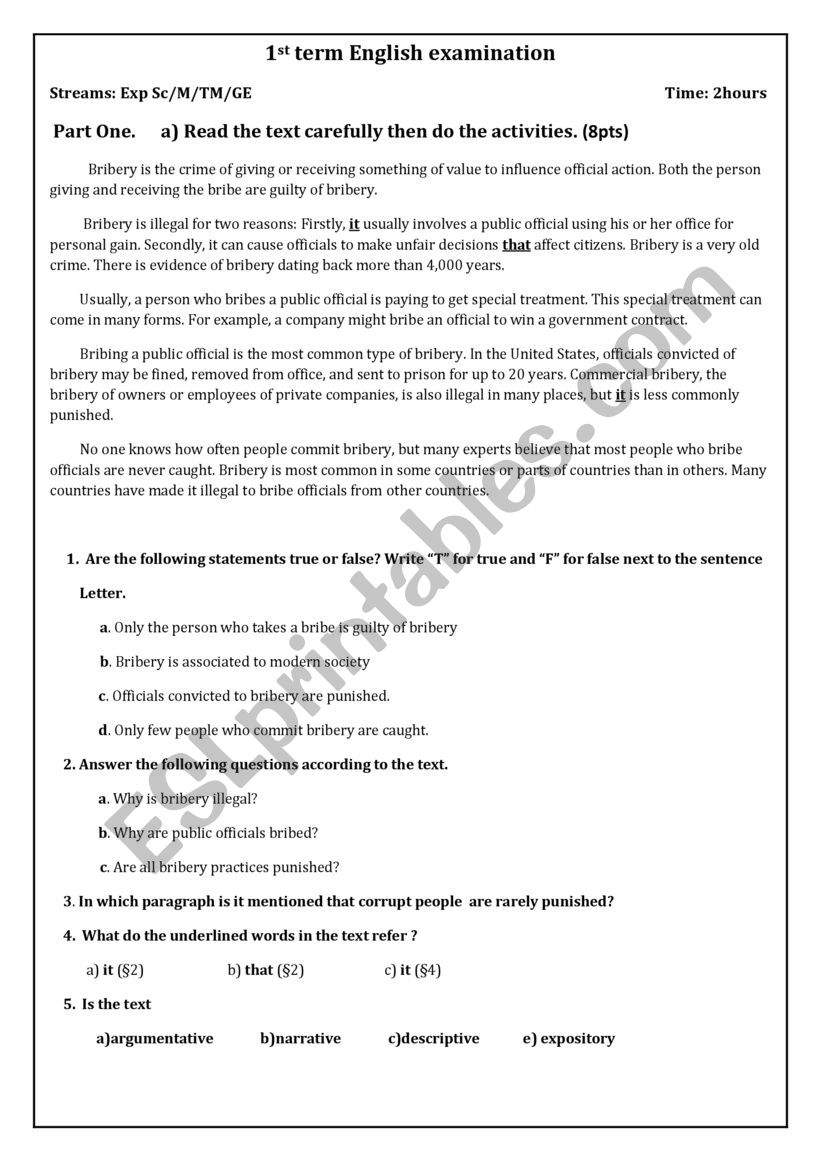 1st term English examination worksheet