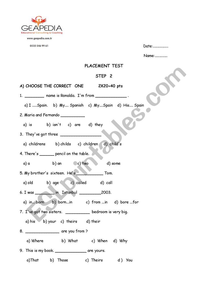 placement test worksheet