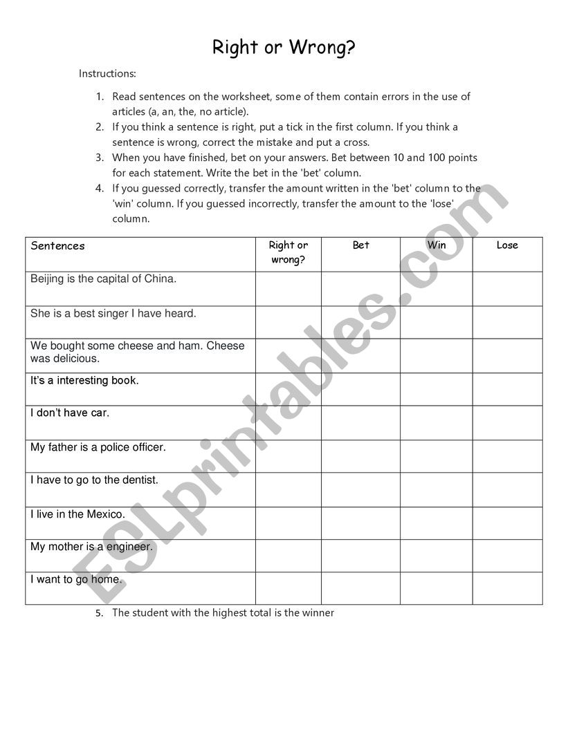 Right or wrong? worksheet