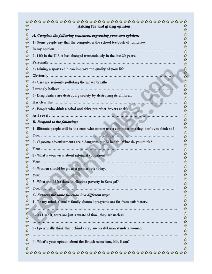 Opinion Exercise worksheet