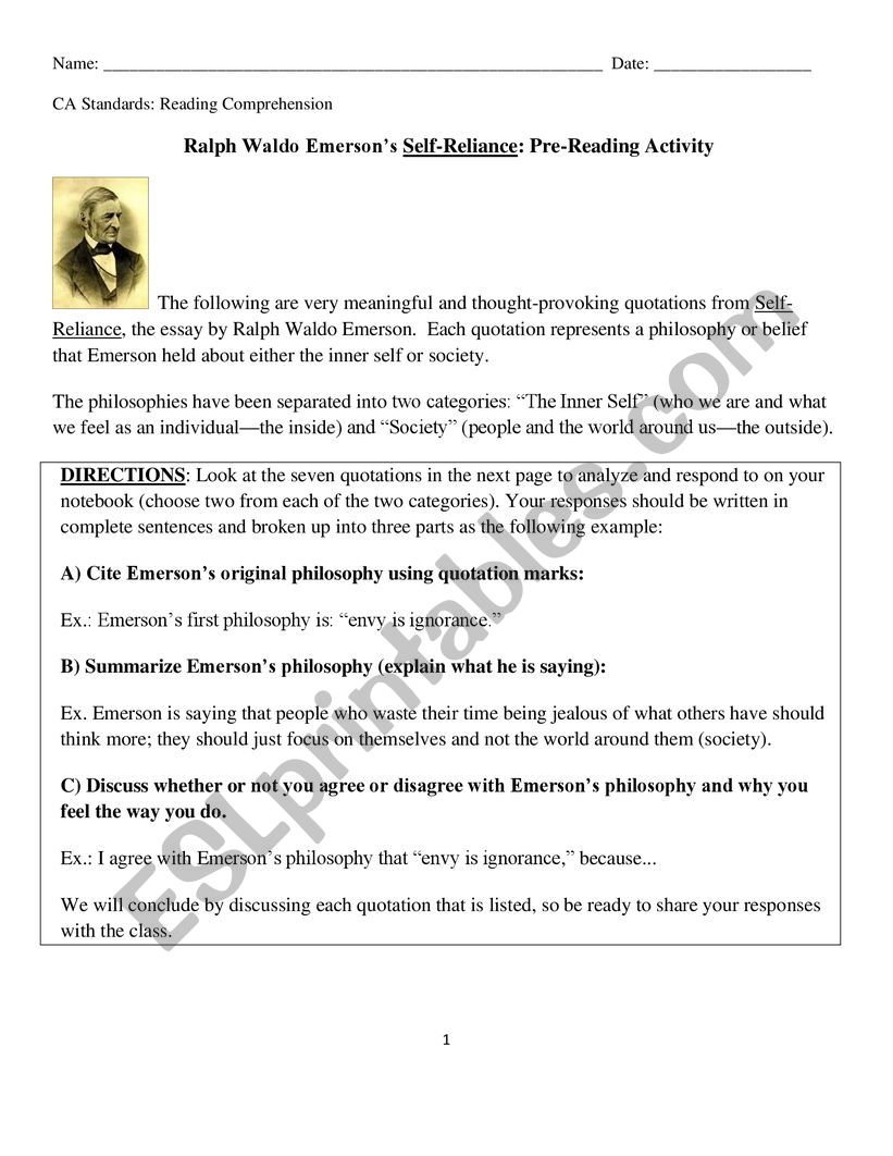 Self Reliance worksheet