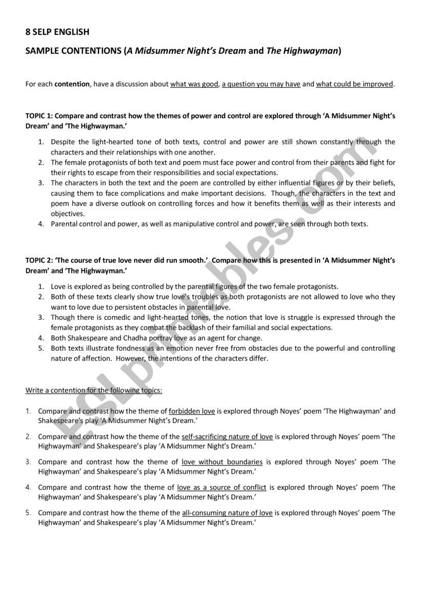 Contentions - The Highwayman and A Midsummer Night�s Dream