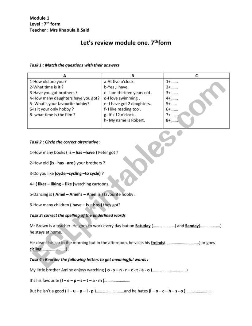 Review Module 1 7th form worksheet