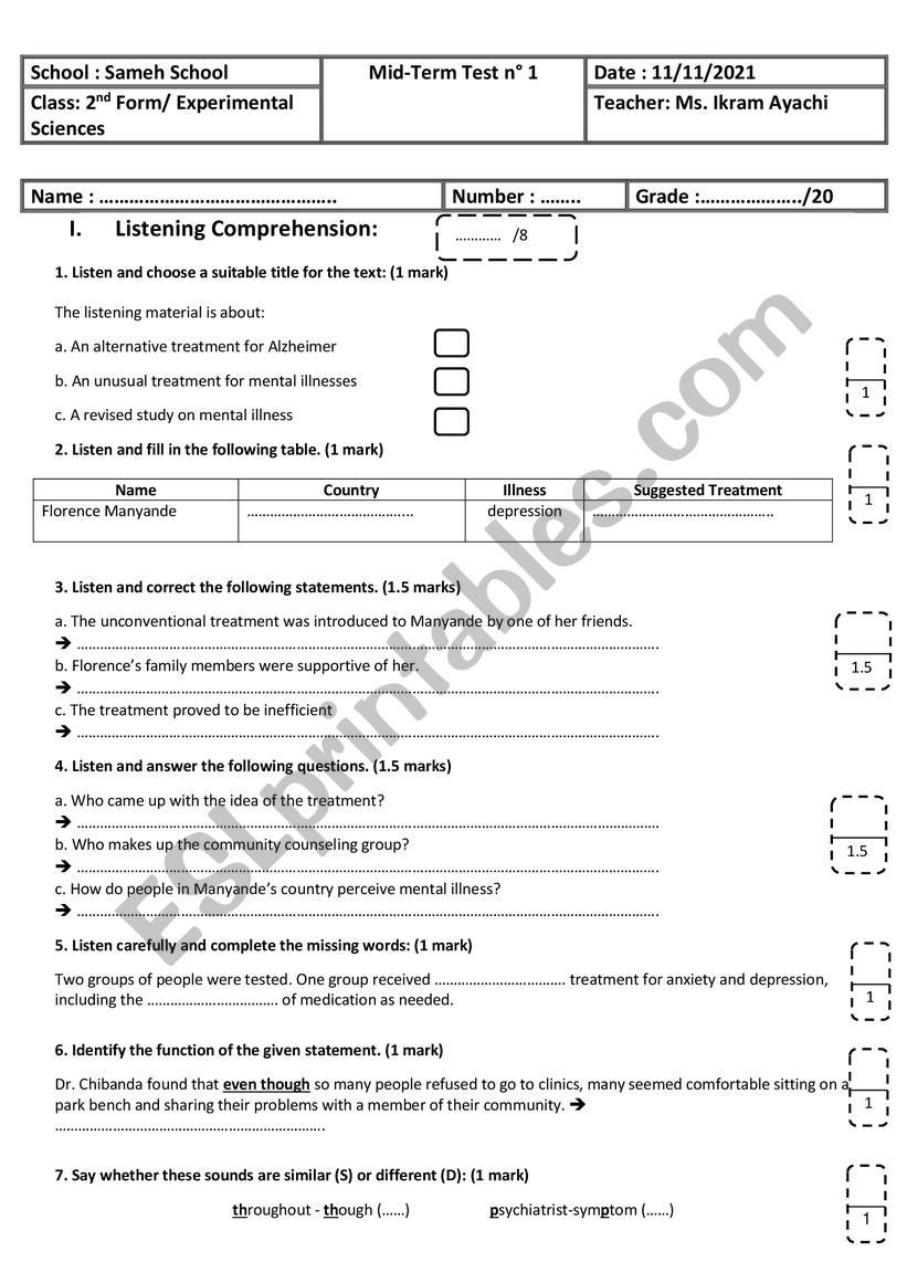 2nd-form-experimental-sciences-mid-term-test-n-1-esl-worksheet