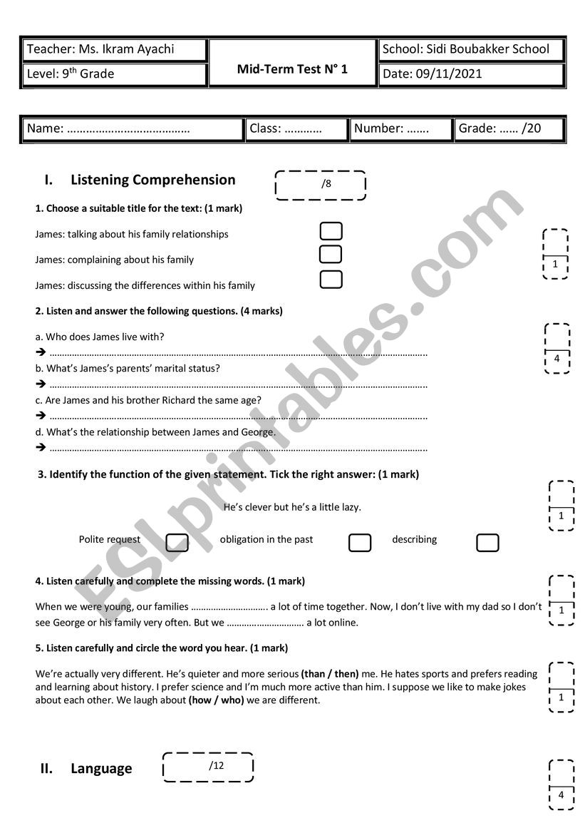 9th Grade - Mid-Term Test n 1