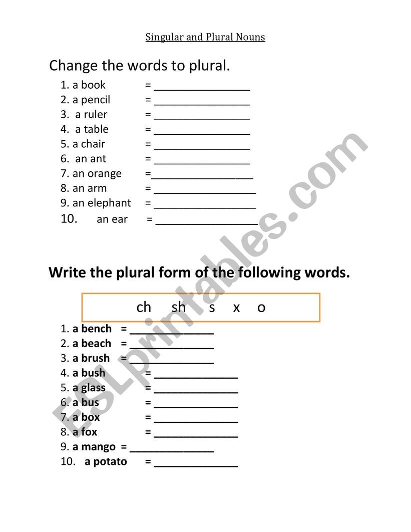 Singular Plural Nouns ESL Worksheet By Matetmontemor1122
