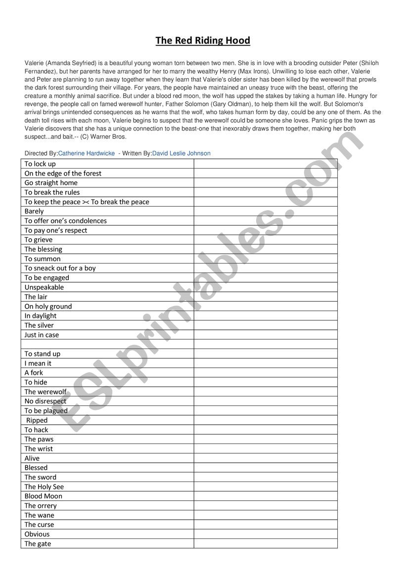the red riding hood worksheet