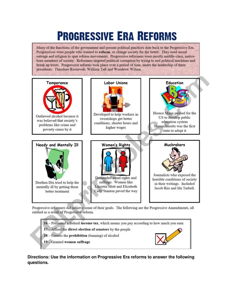 English Worksheets Progressive Era Reform