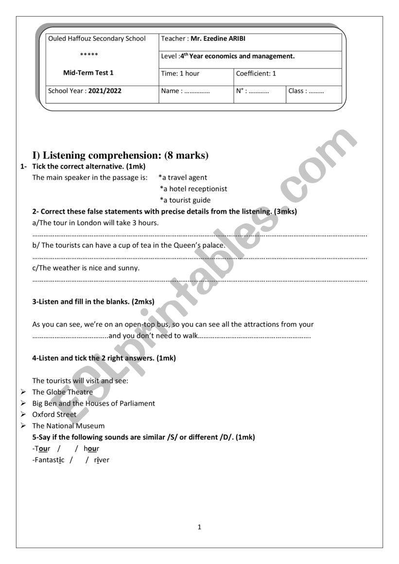 mid term test1 bac sc worksheet