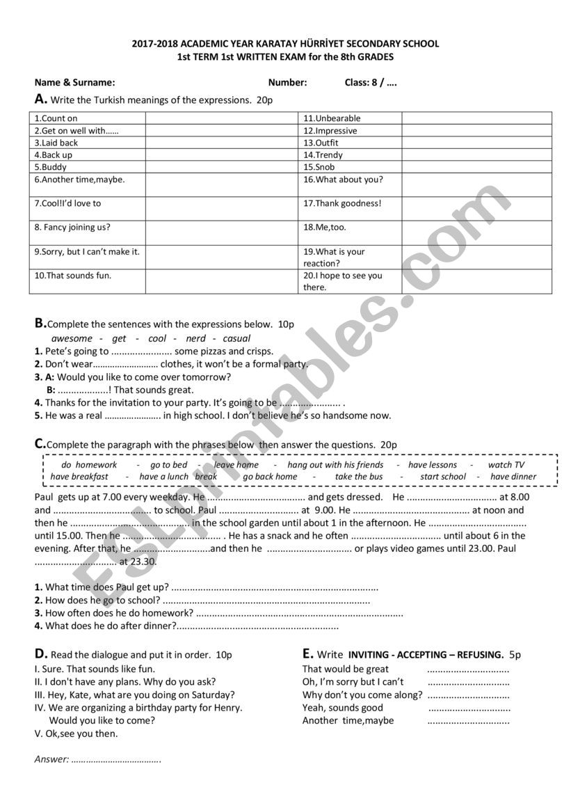 example exam for grade 8 worksheet