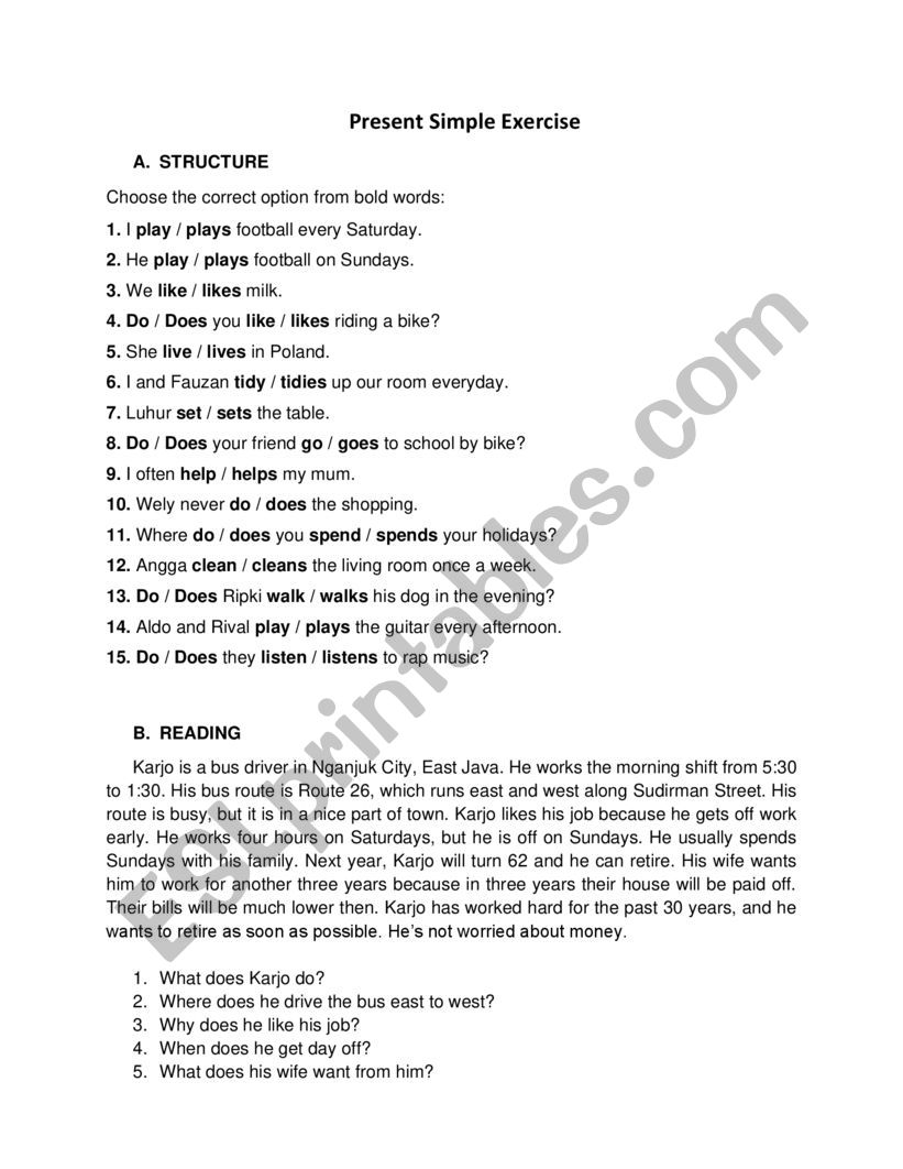 Present simpe exercises worksheet