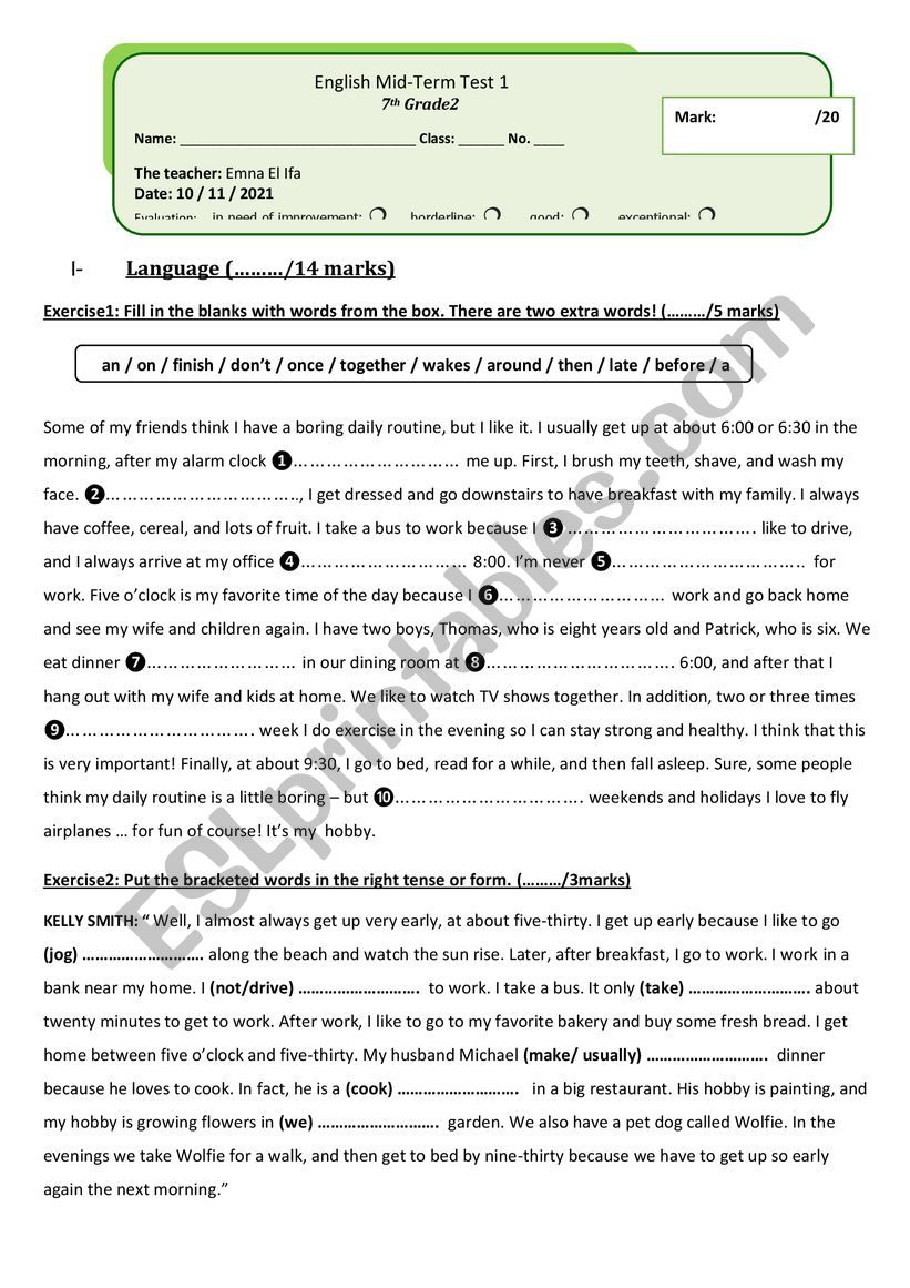 7th form Mid term test  worksheet