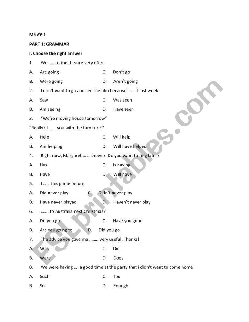English Placement Test worksheet