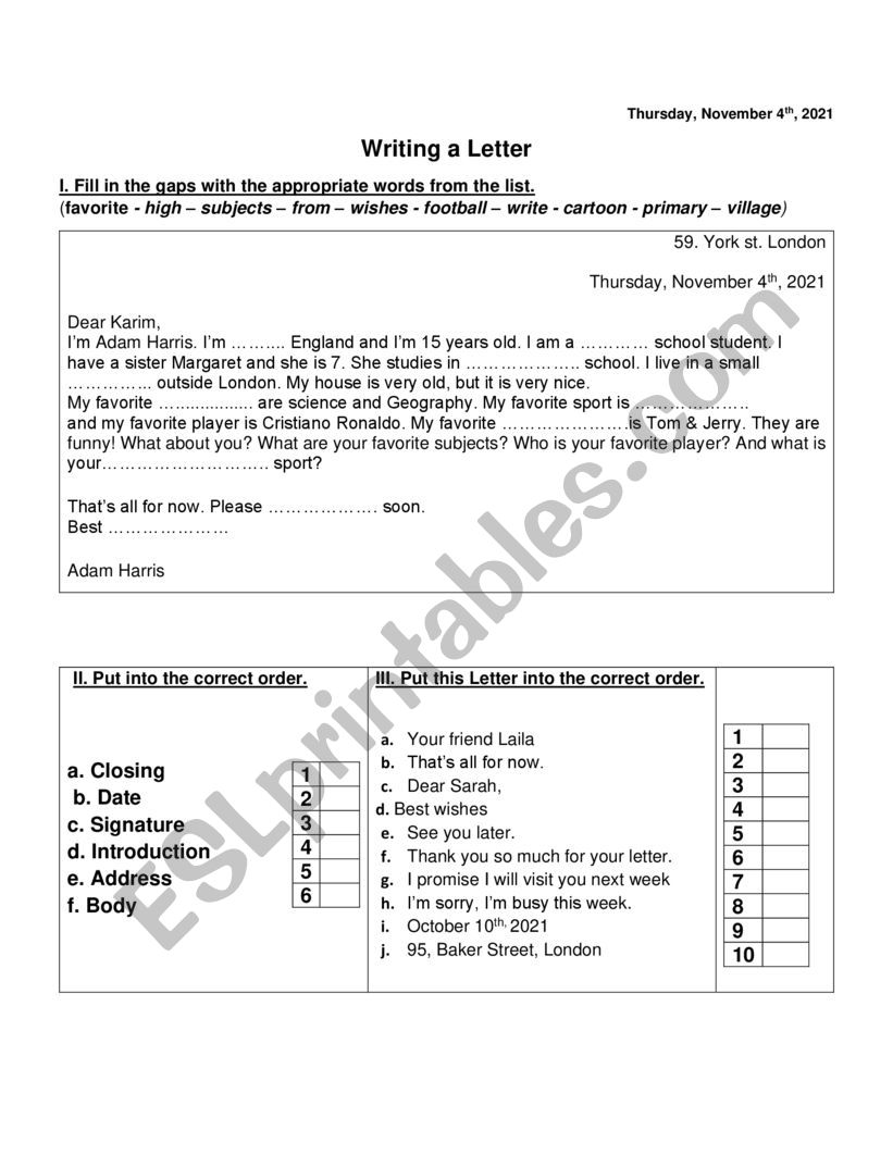 Write a Letter worksheet