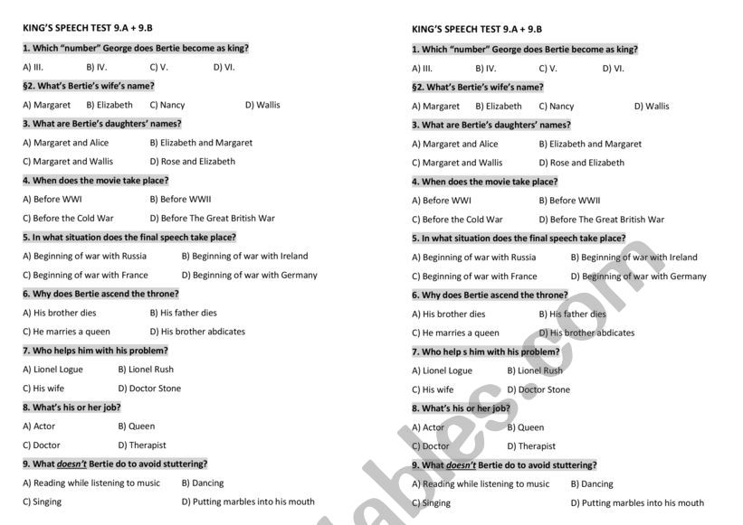 King Speech movie questions worksheet