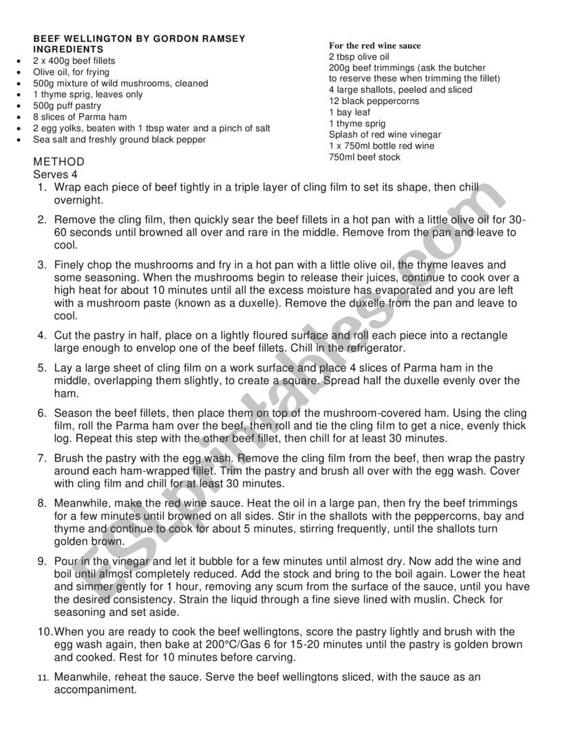 Beef Wellington recipe worksheet