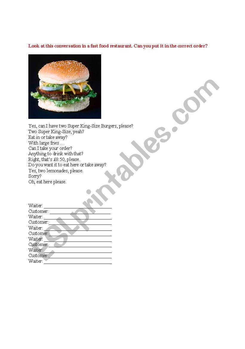 Ordering food and drinks  worksheet