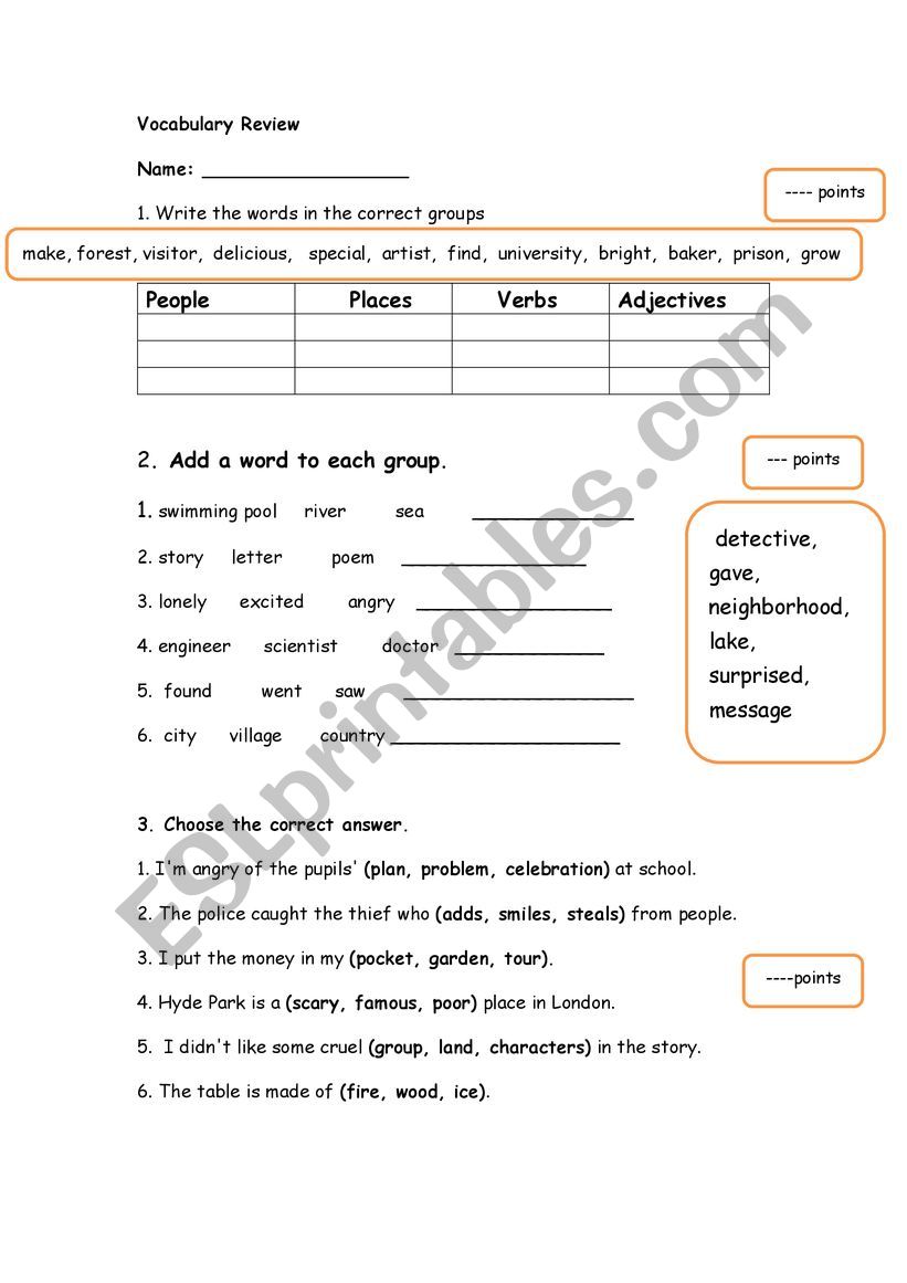 Vocabulary Review worksheet