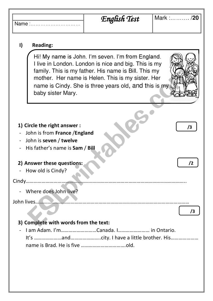 A test about family worksheet