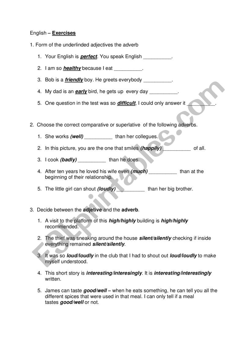 English Adverbs and Adjetives worksheet