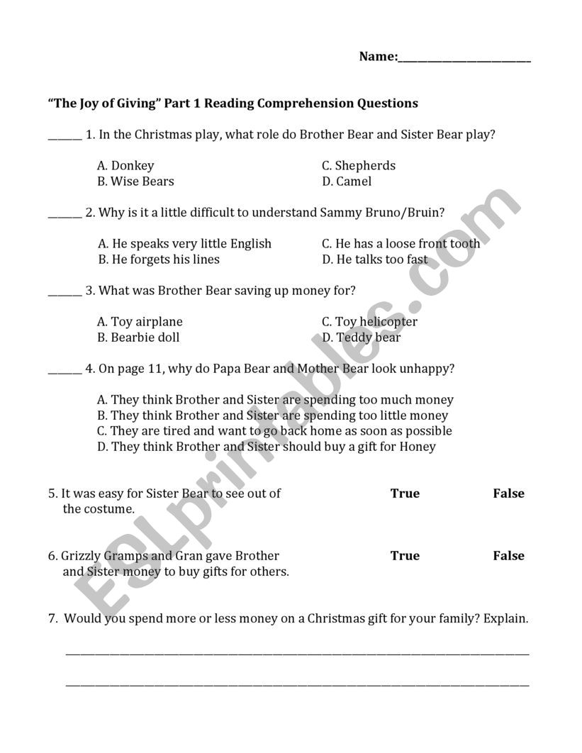 English worksheets: The Joy of Giving Part 1