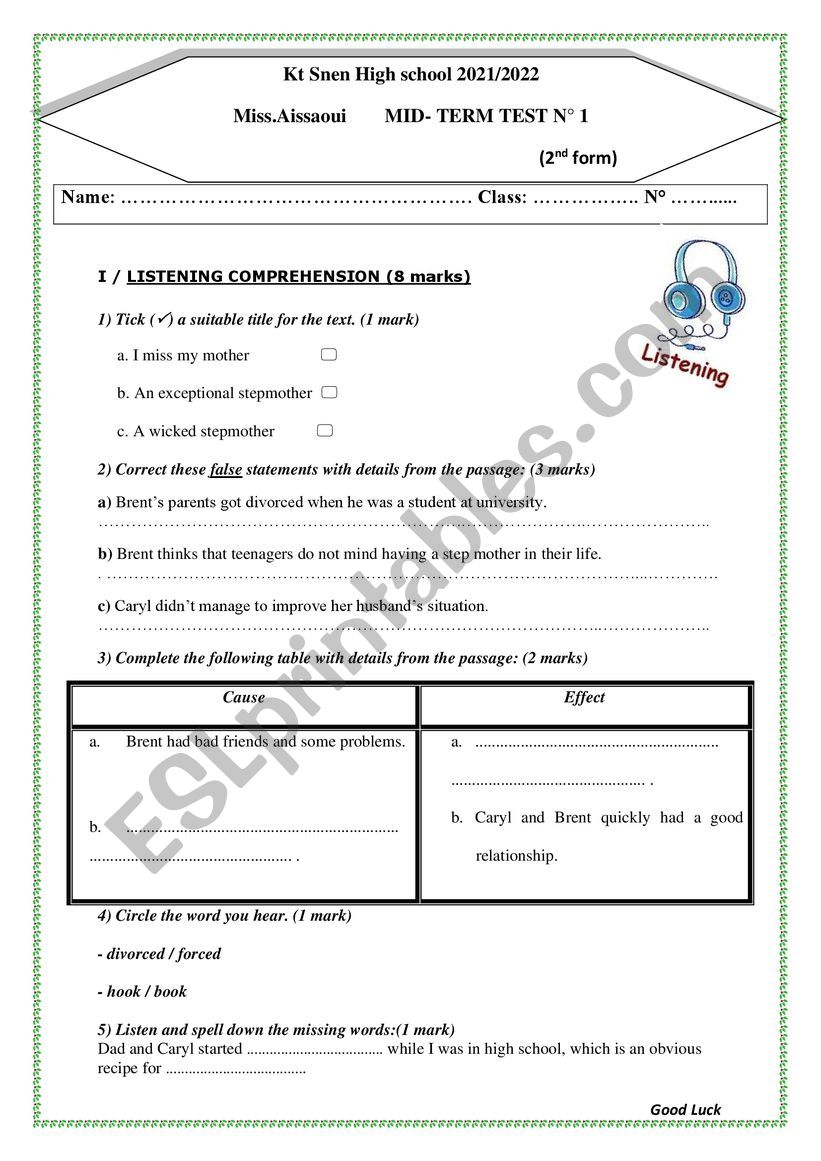mid term test N01 2nd form worksheet