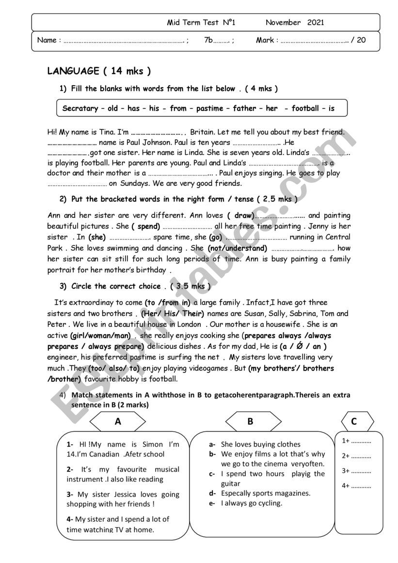 Mid Term Test N1 worksheet