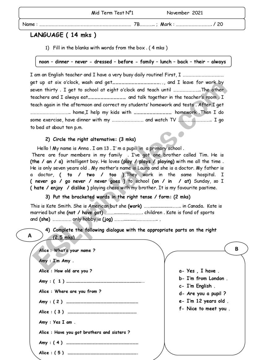 Mid term test N 1 worksheet