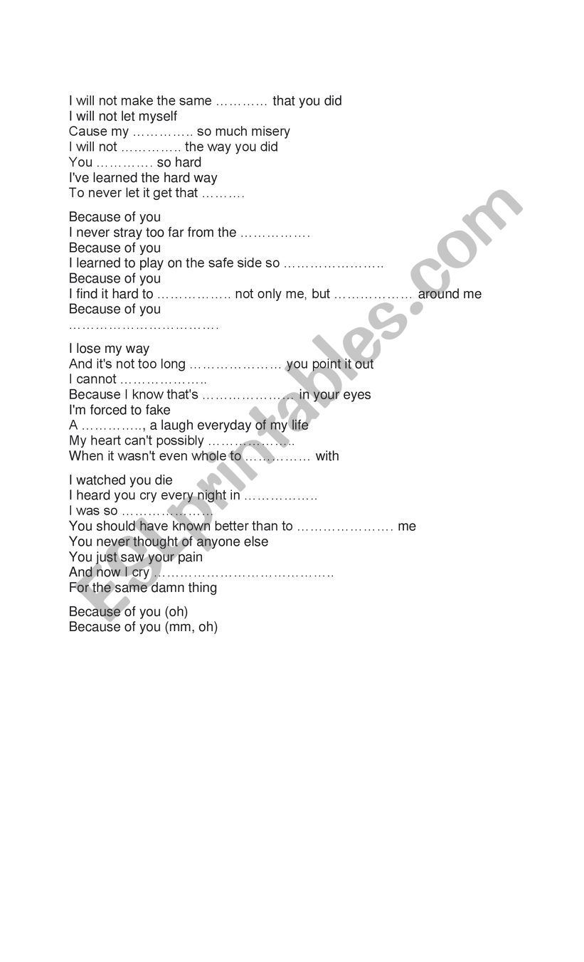 fill-the-blank-lyrics-because-of-you-english-song-esl-worksheet-by