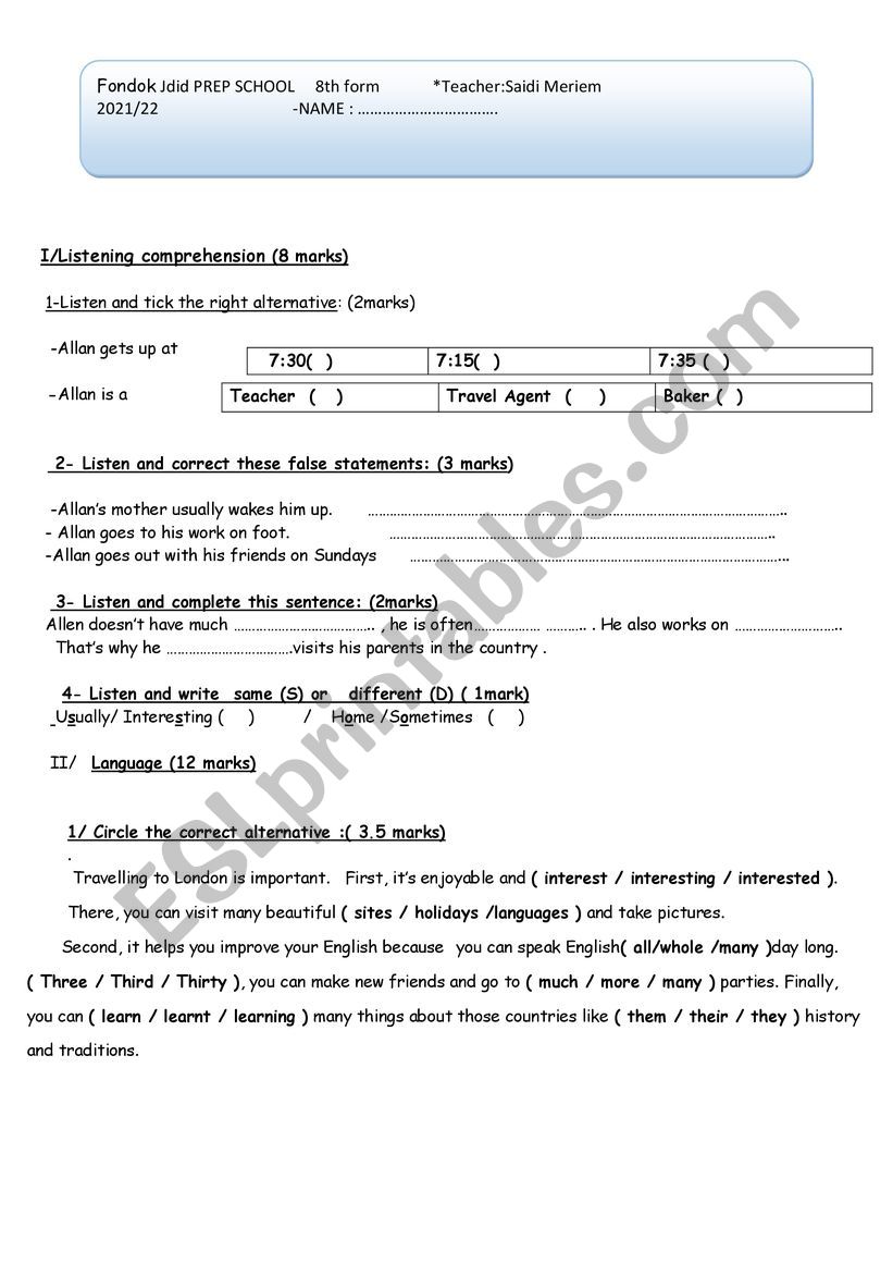 mid term 8th form n 1 worksheet