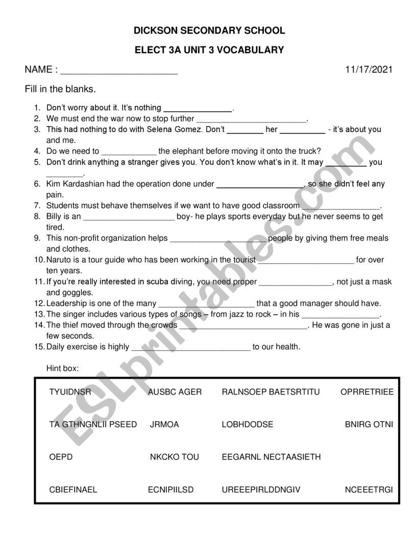 Vocabulary ELECT JS3A Unit 3 worksheet