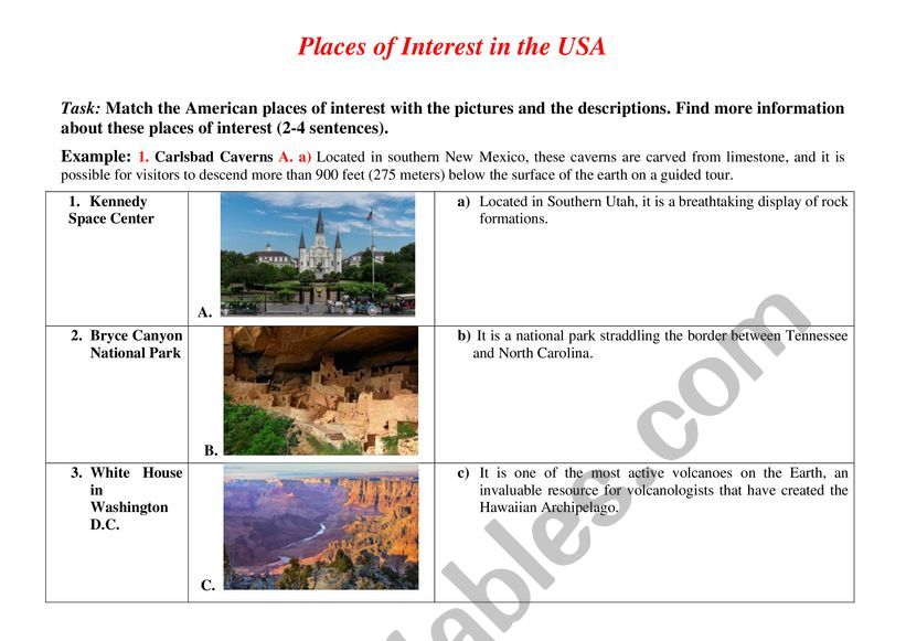 Places of Interest in the USA worksheet