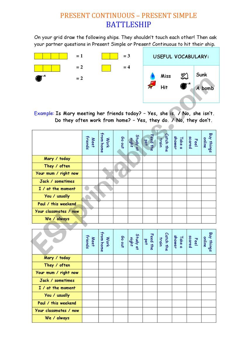 PRESENT CONTINUOUS  PRESENT SIMPLE BATTLESHIP