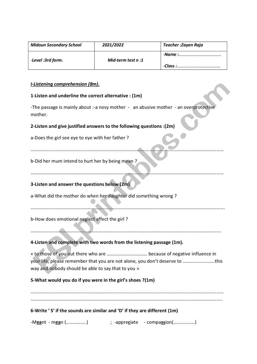 Mid-term test for 3rd year worksheet