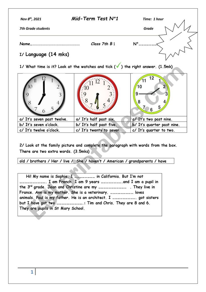 Mid-Term -Test N 1 for 7th graders / language and spelling